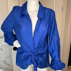 Ellen Tracy Blue Puff Sleeve Blouse with Tie Front